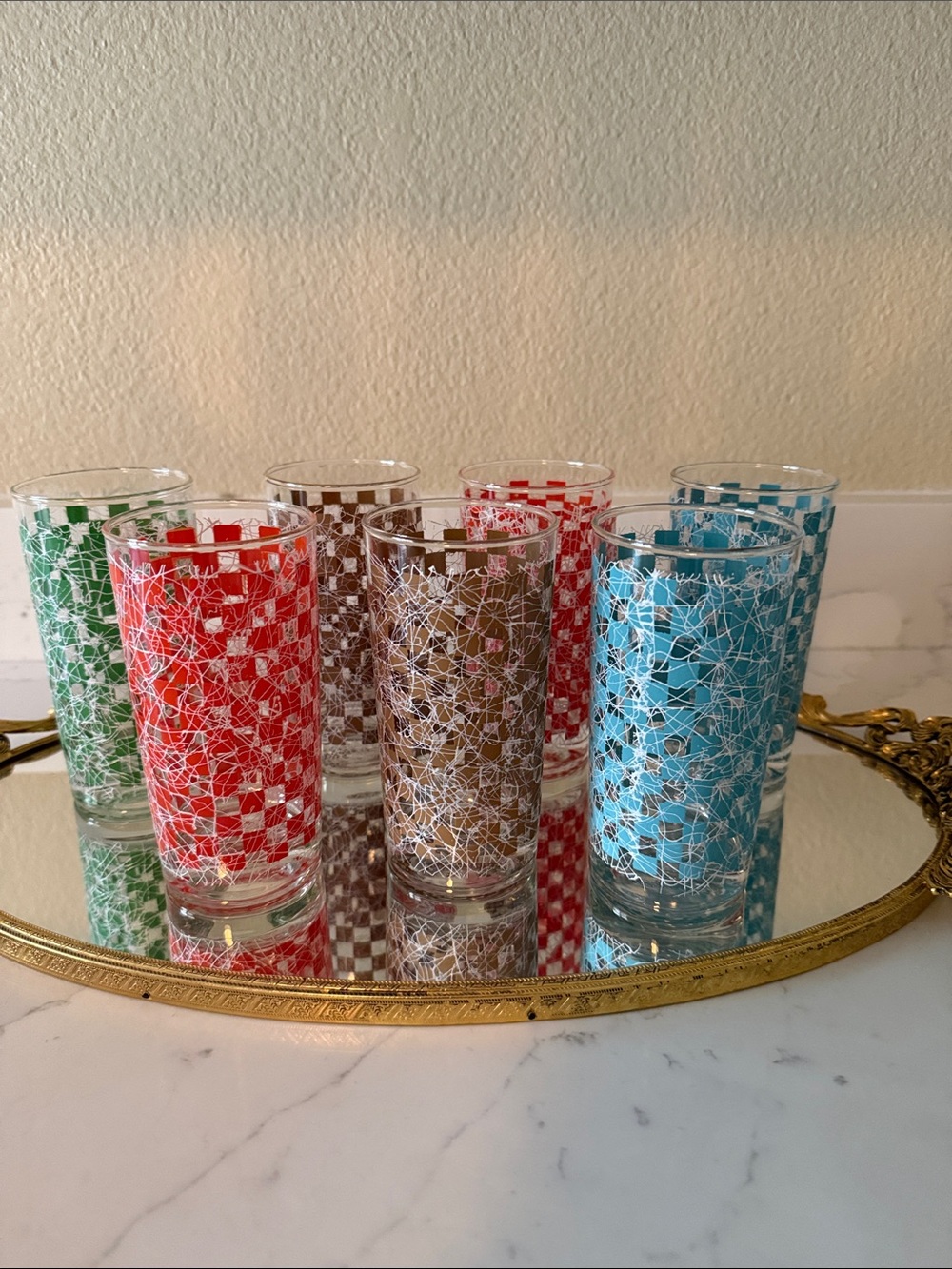 Mid Century Spaghetti String Tom Collins Glasses Set of 7